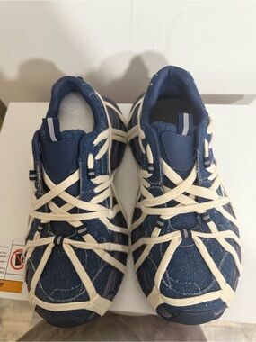 Azalea Wang Denim Blue Lace-Up Sneakers with Cream Webbing Brand New